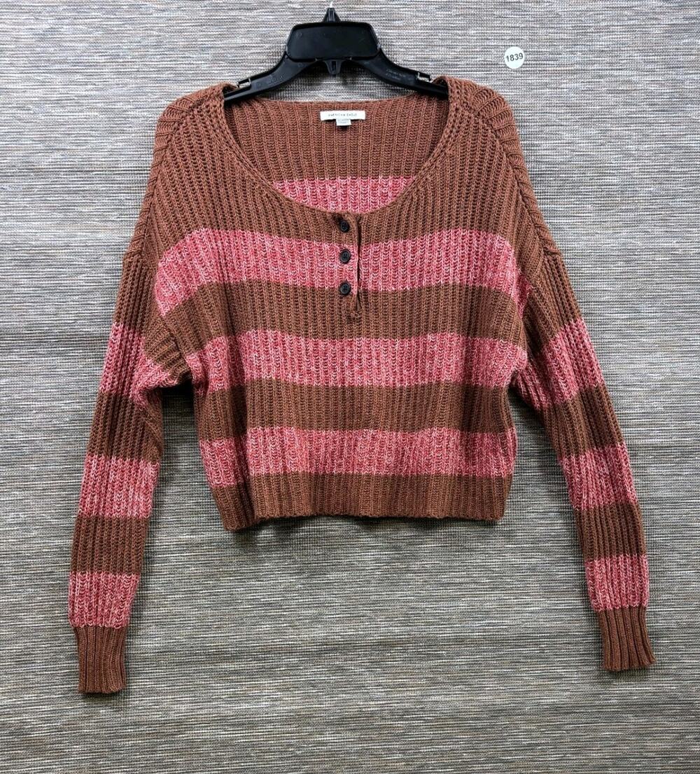 American Eagle Striped Cropped Sweater Women’s Size XS Pink Brown Knit Top
